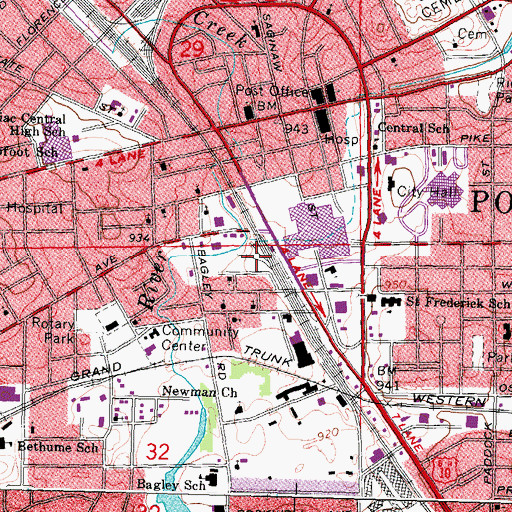 Topographic Map of Pontiac Amtrak Station, MI