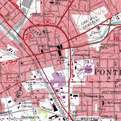 Topographic Map of Pontiac Chamber of Commerce, MI
