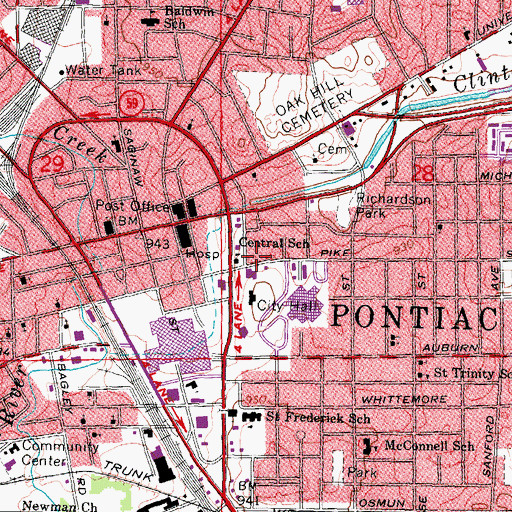 Topographic Map of Pontiac Fire Department Station 1 Headquarters, MI