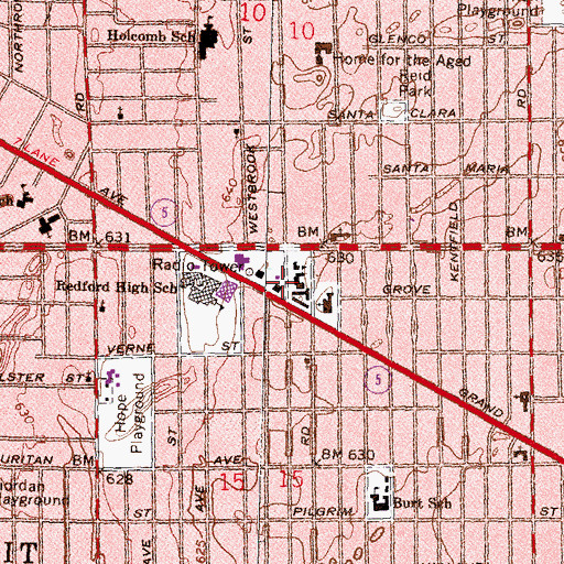 Topographic Map of Redford Library, MI