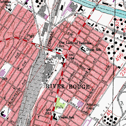 Topographic Map of River Rouge City Hall, MI