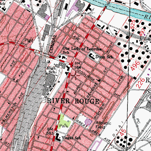 Topographic Map of River Rouge Fire Station, MI