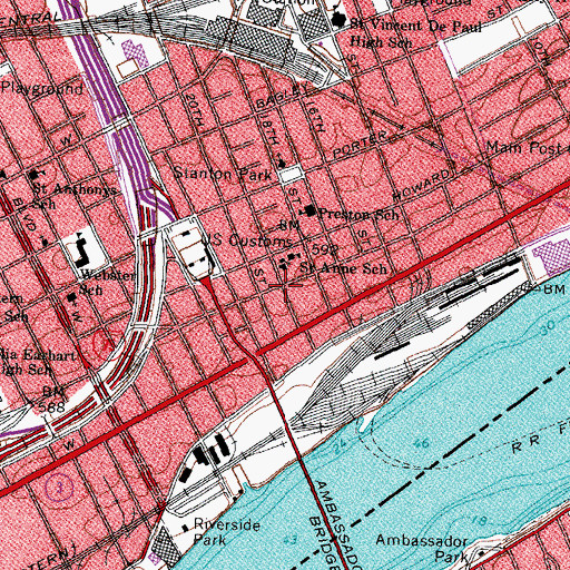 Topographic Map of Saint Annes de Detroit Church, MI
