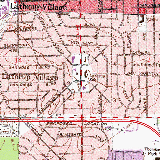 Topographic Map of Lathrup Village Hall, MI