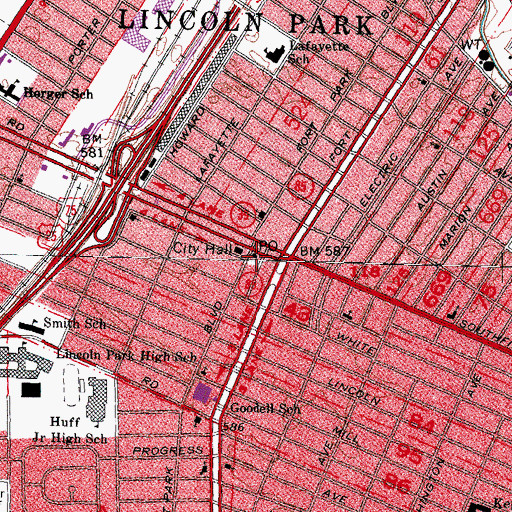 Topographic Map of Lincoln Park City Hall, MI