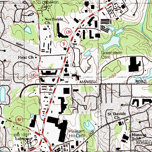Topographic Map of Mansell Oaks Plaza Shopping Center, GA