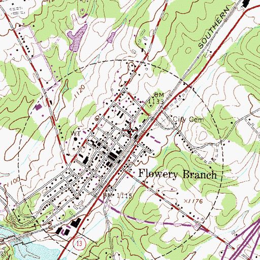 Topographic Map of Flowery Branch United Methodist Church, GA