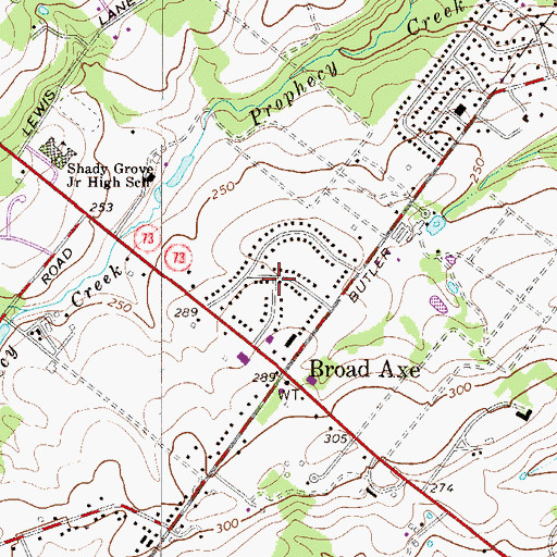 Topographic Map of Broad Axe Village, PA