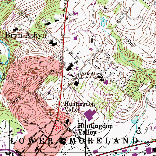 Topographic Map of Bryn Athyn Station 11 Rescue Squad, PA