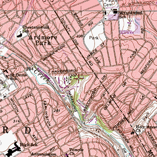 Topographic Map of Bryn Mawr Place, PA