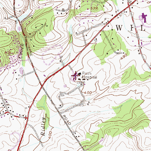 Topographic Map of Bryn Mawr Rehabilitation Center, PA