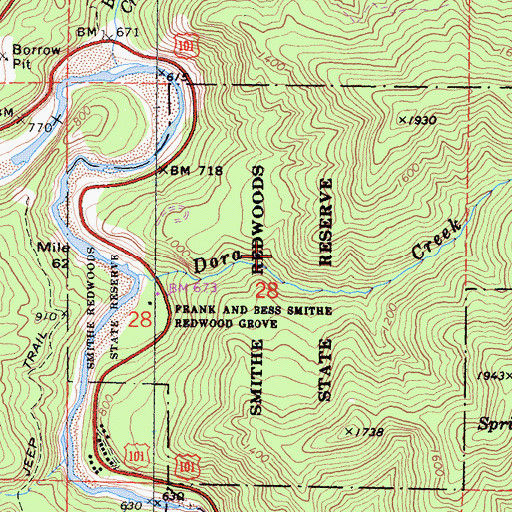 Topographic Map of Smithe Redwoods State Natural Reserve, CA