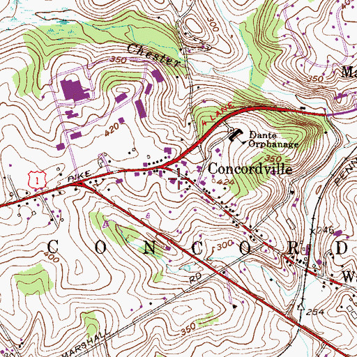 Topographic Map of Concordville Fire Department and Protective Association Station 59, PA