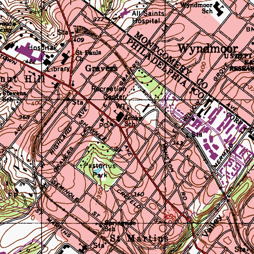 Topographic Map of Chestnut Hill Post Office, PA
