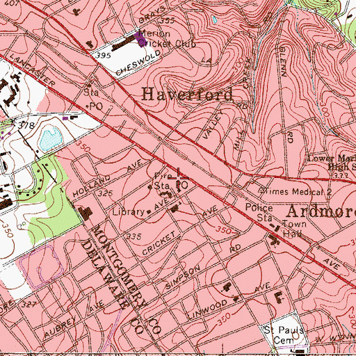 Topographic Map of Ardmore Library, PA