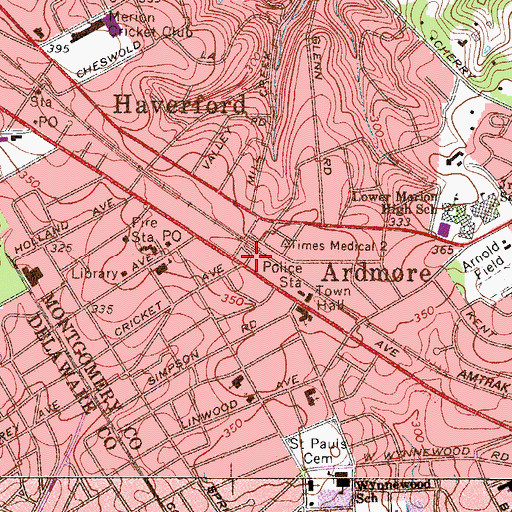 Topographic Map of Ardmore Station, PA
