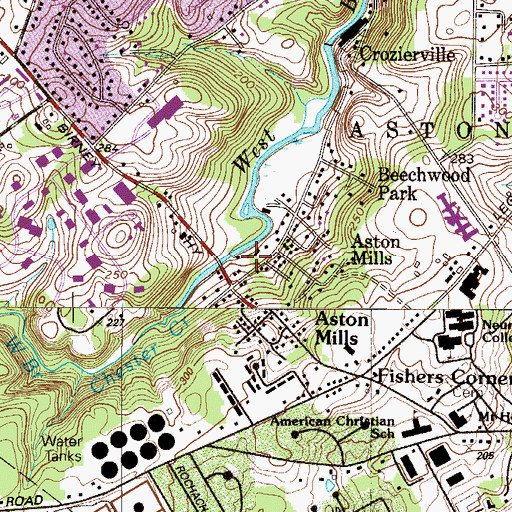 Topographic Map of Aston - Beechwood Volunteer Fire Company Station 72, PA