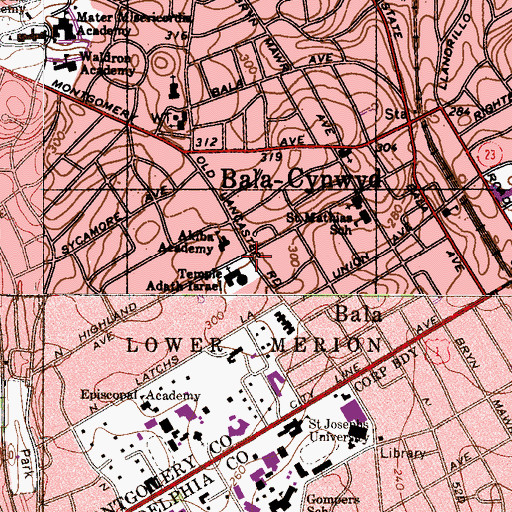 Topographic Map of Bala Cynwyd Branch Lower Merion Township Library, PA