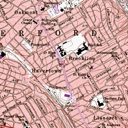 Topographic Map of Haverford Township Free Library, PA