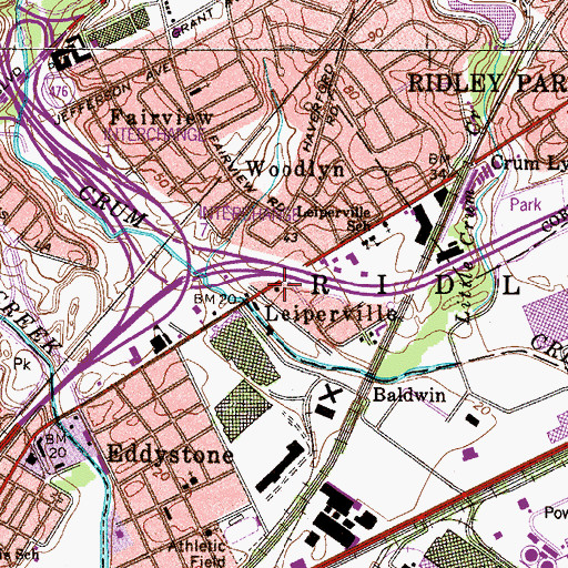 Topographic Map of Crum Lynne Post Office, PA