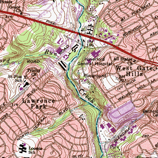 Topographic Map of Darby Creek Valley Park, PA