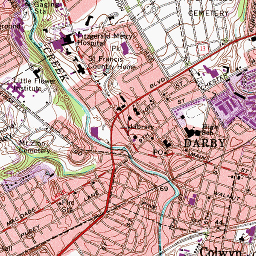 Topographic Map of Darby Library, PA