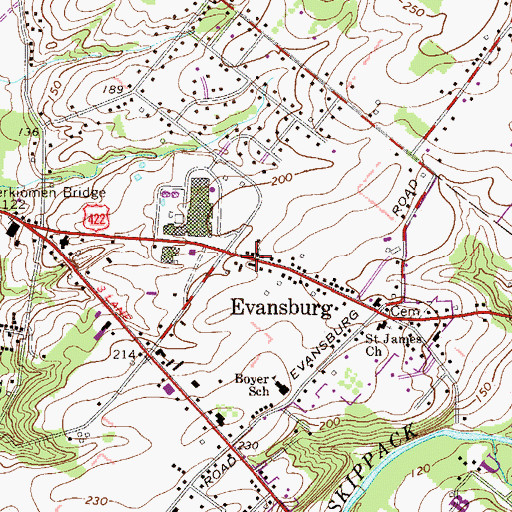 Topographic Map of Evansburg United Methodist Church, PA