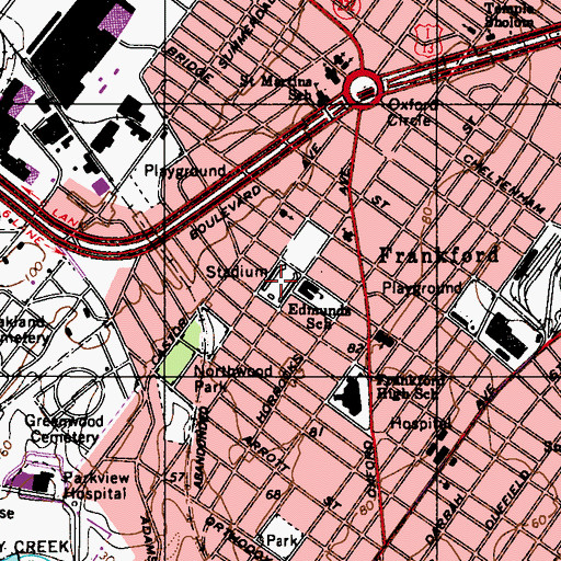 Topographic Map of Frankford Stadium, PA