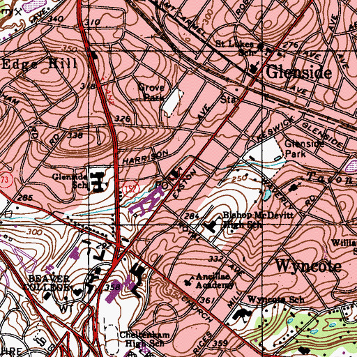 Topographic Map of Glenside Post Office, PA