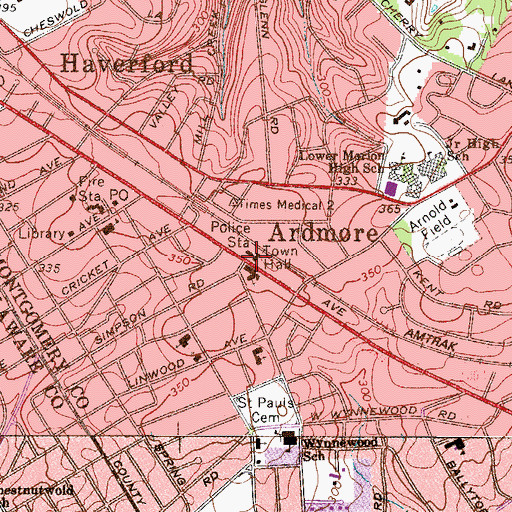 Topographic Map of Lower Merion Township Hall, PA