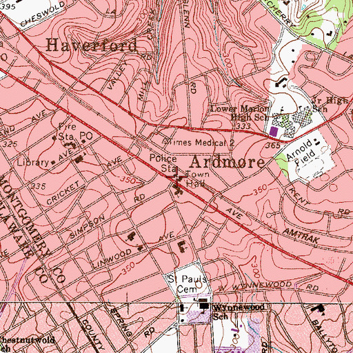 Topographic Map of Lower Merion-Main Police Station, PA