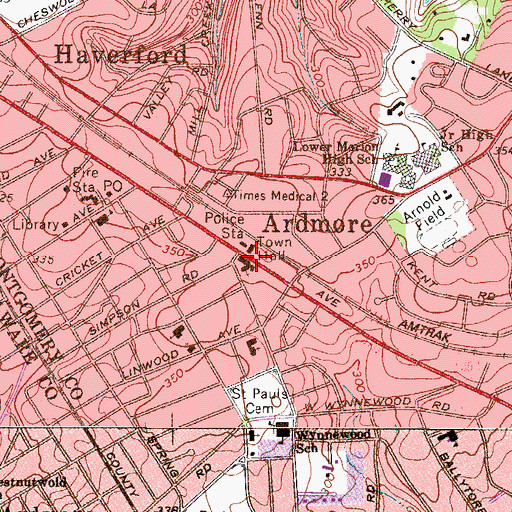 Topographic Map of Main Branch Lower Merion Township Library, PA