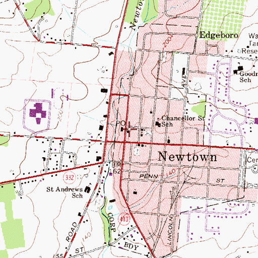 Topographic Map of Newtown Boro Hall, PA