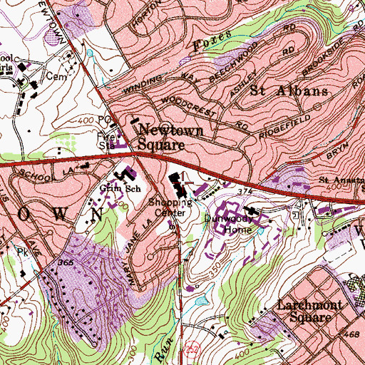 Topographic Map of Newtown Square Post Office, PA