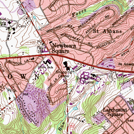 Topographic Map of Newtown Square Shopping Center, PA