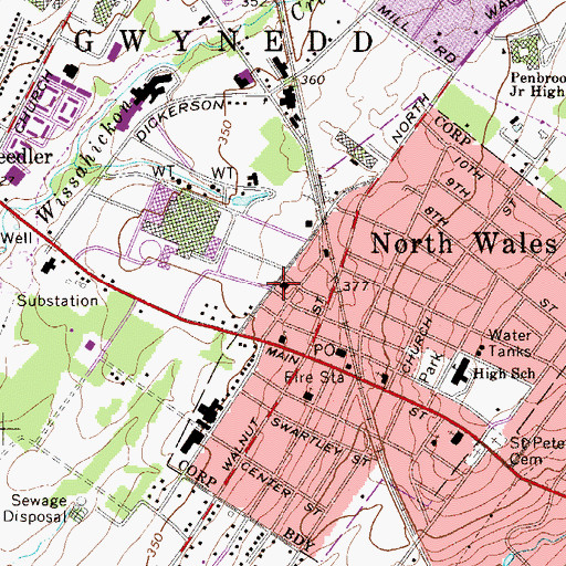Topographic Map of North Wales Borough Hall, PA