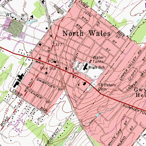 Topographic Map of North Wales Memorial Free Library, PA