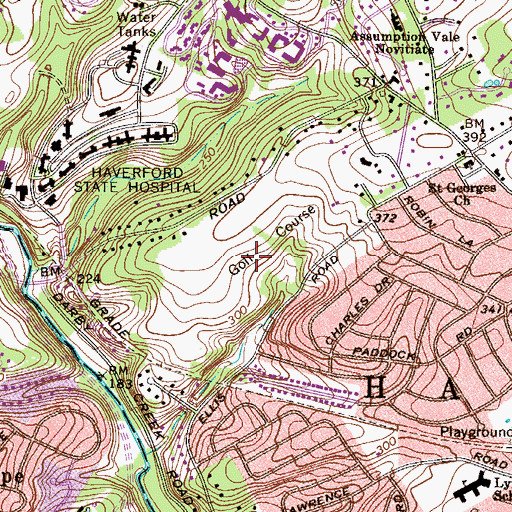 Topographic Map of Merion Golf Course West, PA
