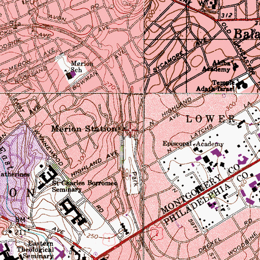 Topographic Map of Merion Station Post Office, PA