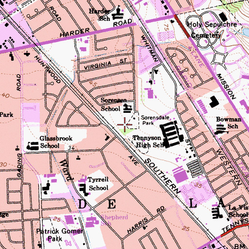 Topographic Map of Sorensdale Park, CA