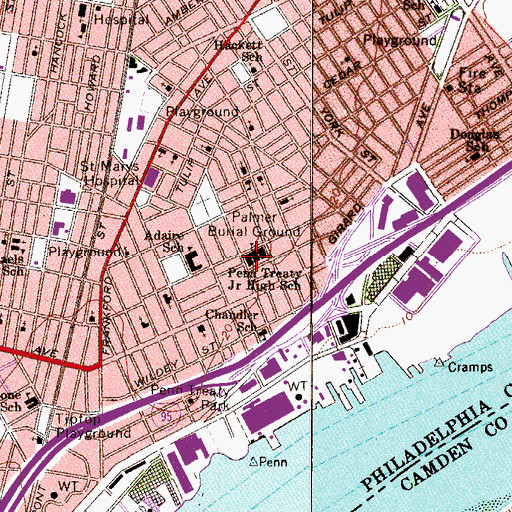 Topographic Map of Penn Treaty Middle School, PA