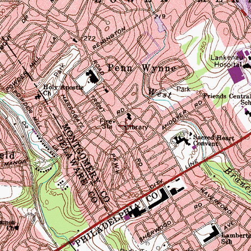 Topographic Map of Penn Wynne Lower Merion Township Library, PA