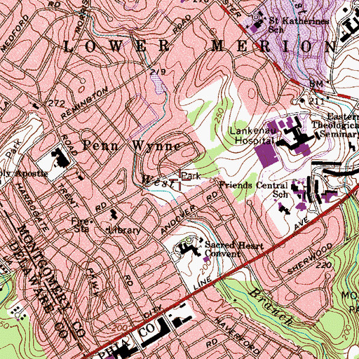 Topographic Map of Penn Wynne Park, PA