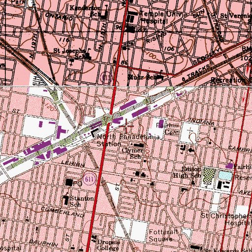 Topographic Map of Philadelphia Fire Department Engine 50 Ladder 12, PA