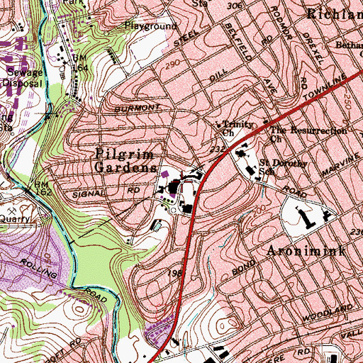 Topographic Map of Pilgrim Gardens Post Office, PA