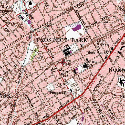 Topographic Map of Prospect Park Borough Hall, PA
