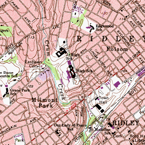 Topographic Map of Ridley High School, PA