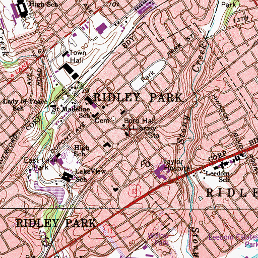 Topographic Map of Ridley Park Library, PA