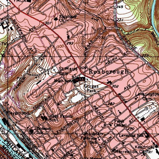 Topographic Map of Roxborough High School, PA