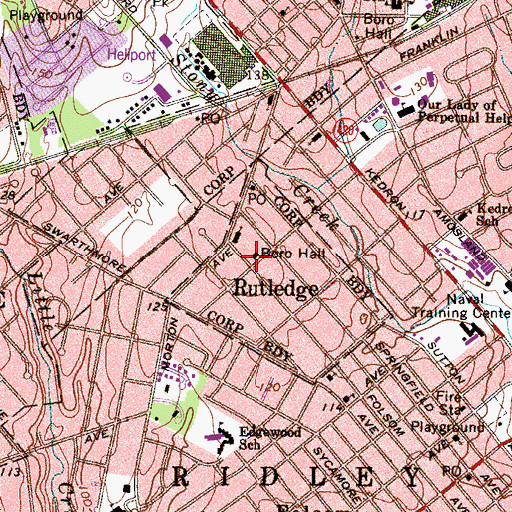Topographic Map of Rutledge Borough Hall, PA